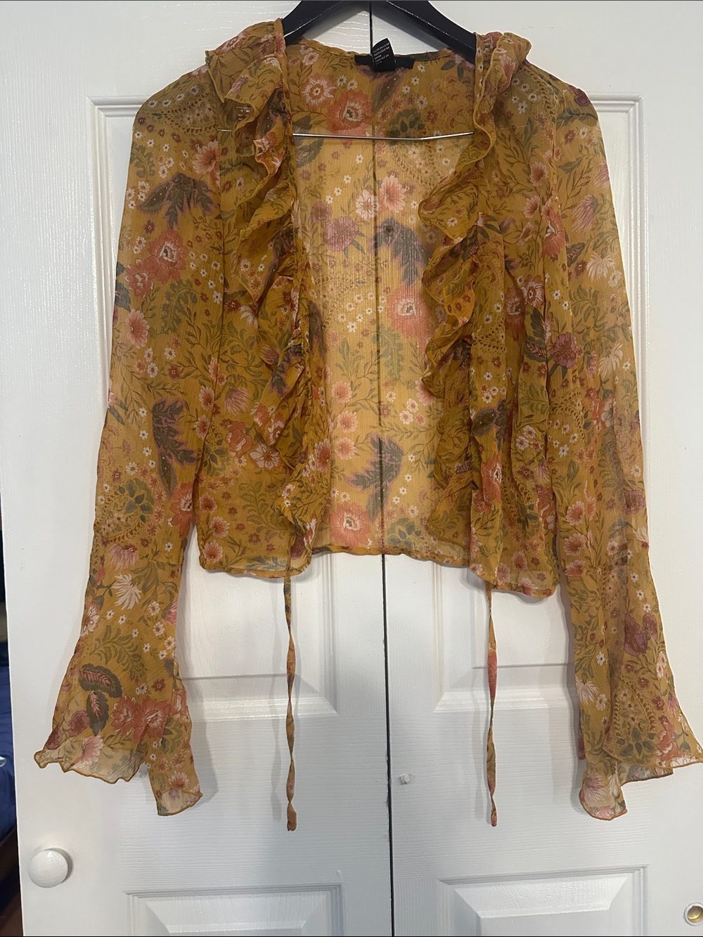 Forever 21 Mustard Floral Ruffle Tie-Front Blouse